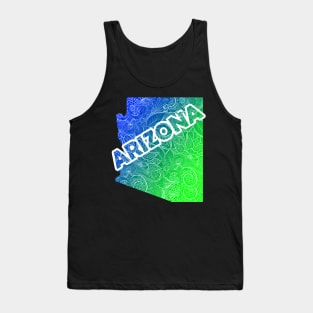 Colorful mandala art map of Arizona with text in blue and green Tank Top